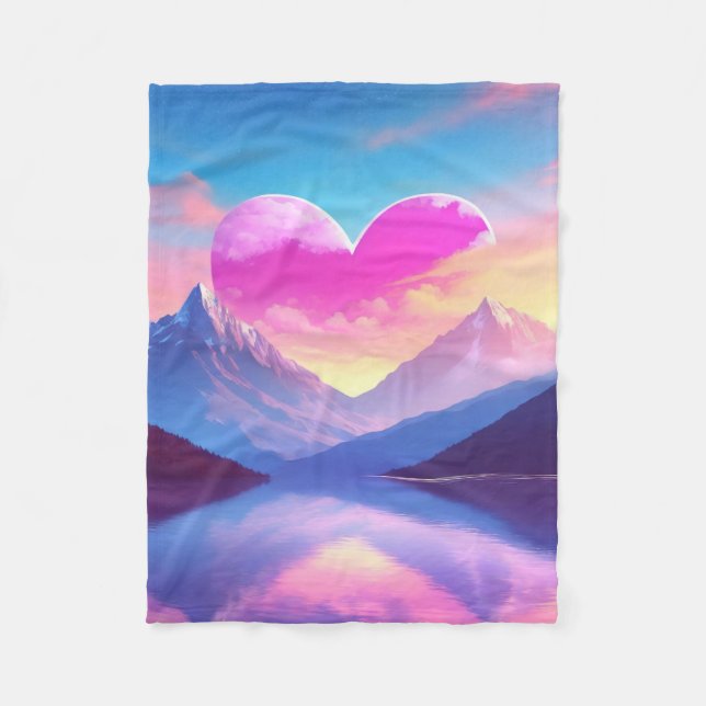 Heart & Mountain Sunset liggande Art Fleecefilt (Framsidan)