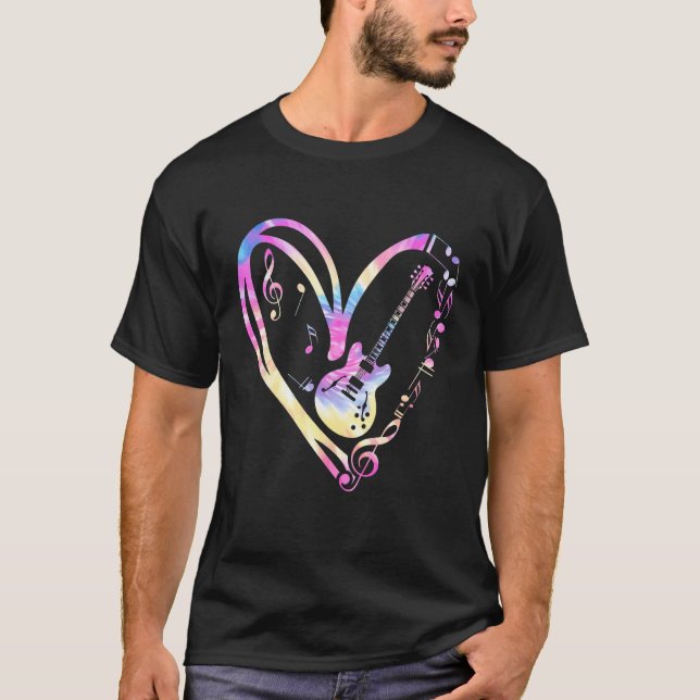 Heart Musik noter Tie Dye Guitar Valentines day T Shirt (Framsida)