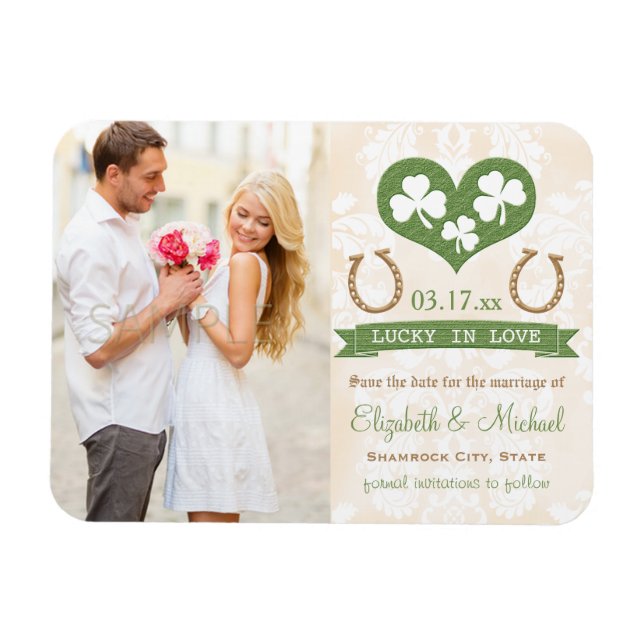Heart och Shamrock Lucky Horseshoe Spara datum Magnet (Horisontell)