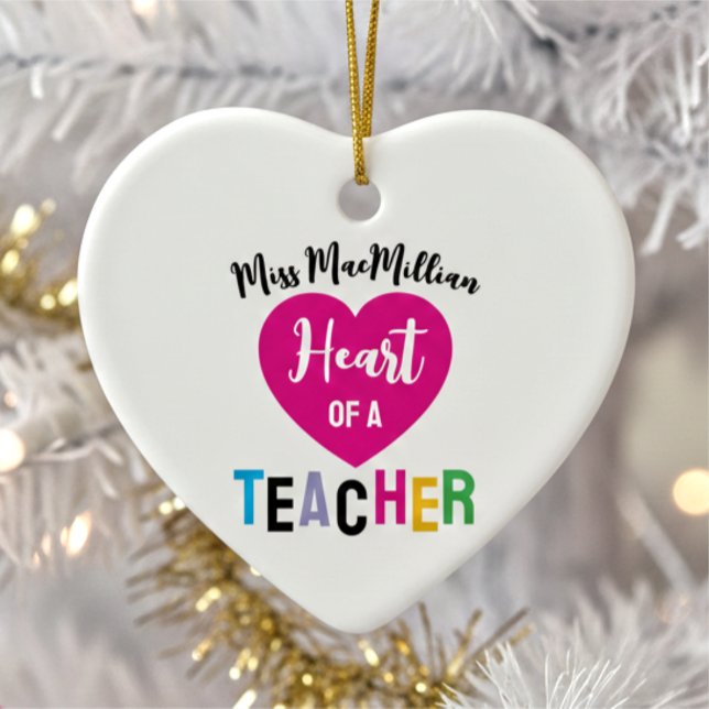 Heart of a Teacher Gift Pink Black Script Julgransprydnad Keramik (Skapare uppladdad)