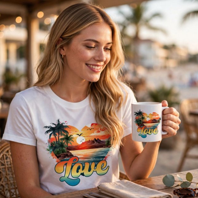 Heart of the Sunset T Shirt (“Coastal vibes and warm sunset colors come together in this tropical ‘Love’ design, perfect for beac)