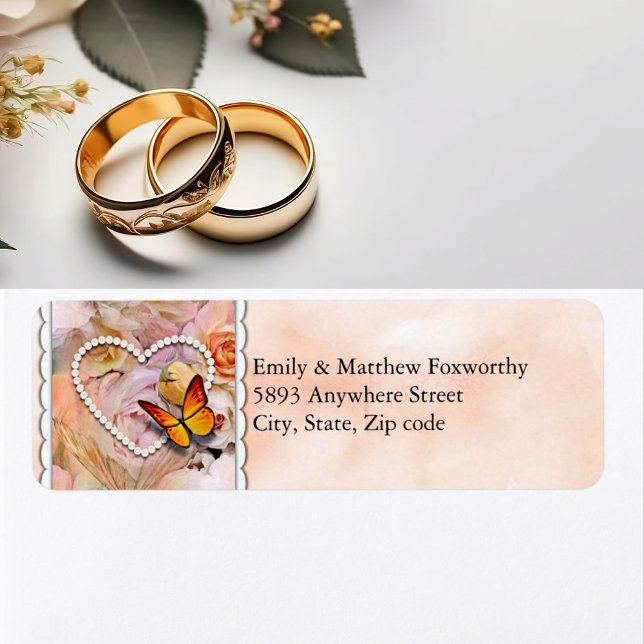 Heart Orange Ro Butterflies lite Adress Returadress Etikett (Heart Orange Roses Butterflies Couple Address Label)