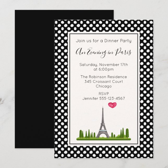 Heart Paris med Eiffel Torn Middag Party Inbjudningar (Fram/baksida)