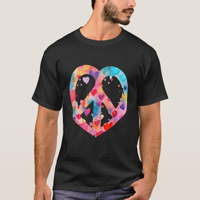 Heart Peace Sign World Love Flowers Hippie Groovy  T Shirt (Framsida)
