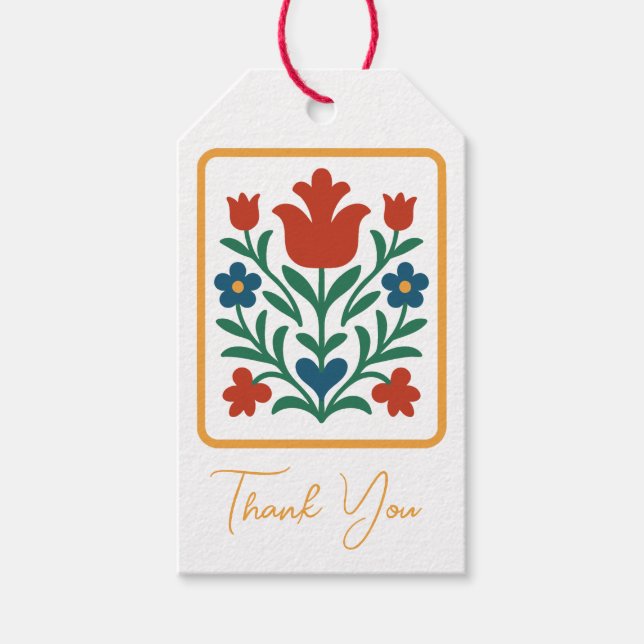 Heart & Petal Blommig Folk Art Favor Presentetikett (Framsidan)