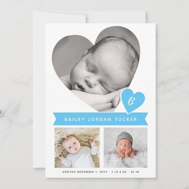 Heart Photo Collage Blue Gingham Pojke Birth Meddelande (Framsida)