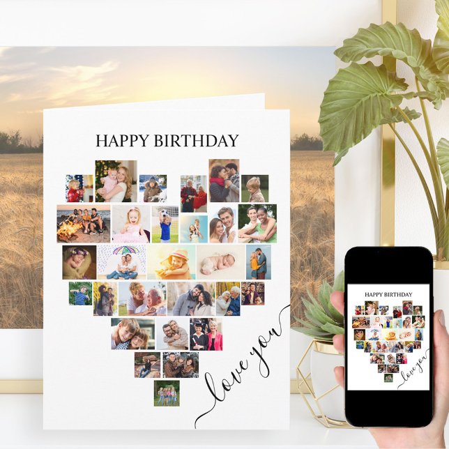 Heart Photo Collage Kärlek Script Birthday Card Kort (Skapare uppladdad)