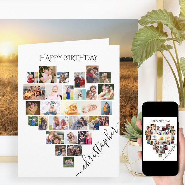 Heart Photo Collage Personlig Script Birthday Kort (Skapare uppladdad)