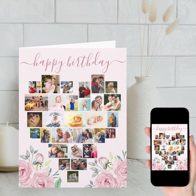 Heart Photo Collage Rosa Peony Birthday Kort (Skapare uppladdad)