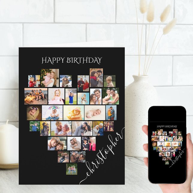 Heart Photo Collage Script Namn Birthday Card Kort (Skapare uppladdad)