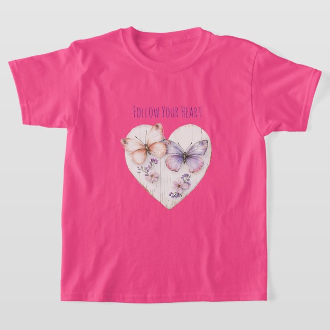 Heart Pink Purple Butterflies & Flowers T Shirt (Laydown)