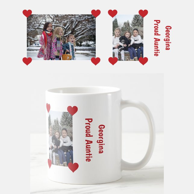 Heart Proud Auntie Kärlek personalize Foton Namn Kaffemugg (Personalized name + 2 photos Proud Auntie mug. Hearts. Modern, cute Mother's Day / birthday gift)