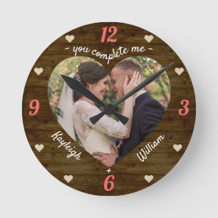 Heart Puzzle Bröllop Photo Rustic Du kompletterar Rund Klocka