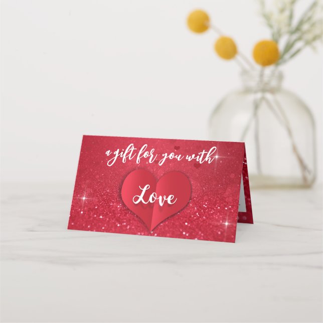 Heart Red Glitter Kärlek Valentine Day Gift Card Placeringskort (Framsida)