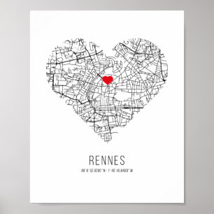 Heart Rennes City Karta (Frankrike) Poster
