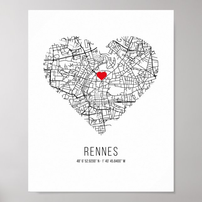 Heart Rennes City Karta (Frankrike) Poster (Framsidan)