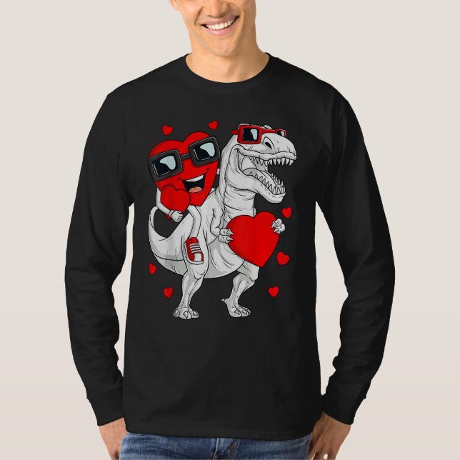 Heart Riding Dinosaur Rex  Valentines Day Boys Kid T Shirt (Framsida)