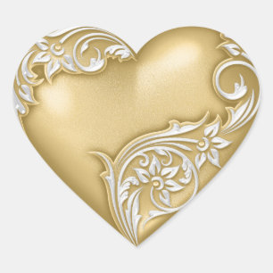 Heart Rulla Guld w White Hjärtformat Klistermärke