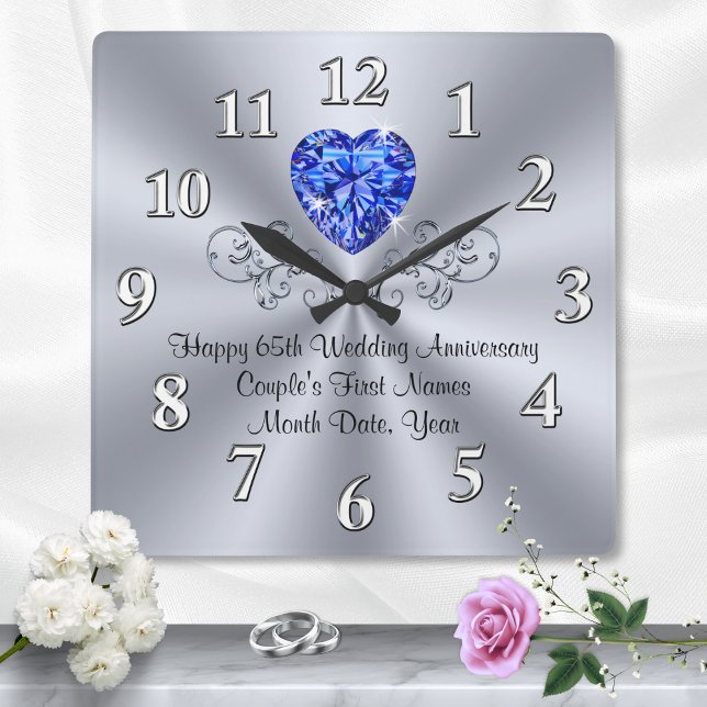 Heart Sapphire 65e Bröllop-årsdag Gift Ideas Fyrkantig Klocka (65th wedding anniversary gift ideas for parents. 65th wedding anniversary gifts for grandparents.)