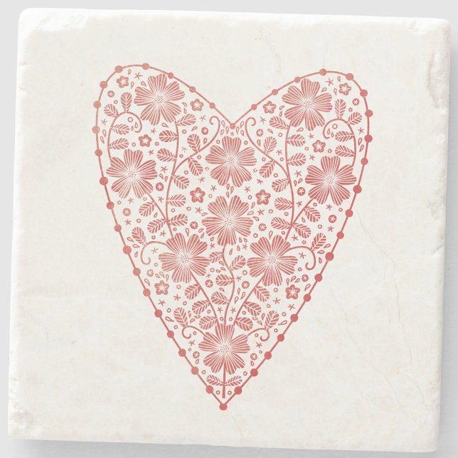 Heart Scandinavian Red White Stenunderlägg (Scandinavian folk art floral heart red and white stone coaster)