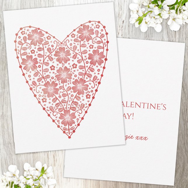Heart Scandinavian Red White Valentine's Day Anteckningskort (Pretty Scandinavian folk style hand drawn red and white personalized custom name Valentines Day card)