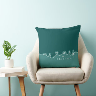 Heart Script Teal Grönt Bröllop Pillow Kudde