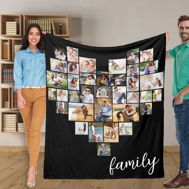 Heart Shape 36 Photo Collage Family Script Black Fleecefilt (Skapare uppladdad)