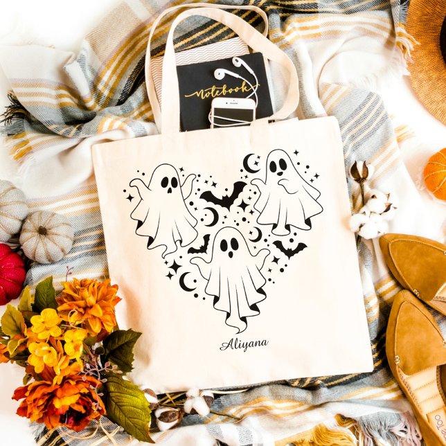Heart Shape Ghost & Fladdermus Illustration Hallow Tygkasse (Skapare uppladdad)