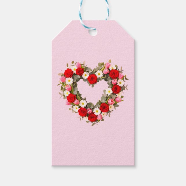 Heart Shaped Floral Wreath Roses Daisies Tulips Presentetikett (Framsidan)
