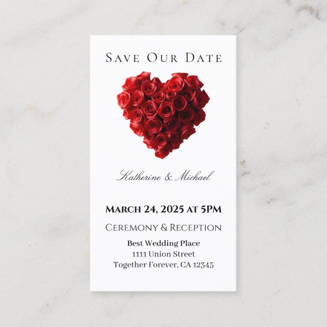 Heart Shaped Red Rose-Save the Date- Visitkort (Framsida)