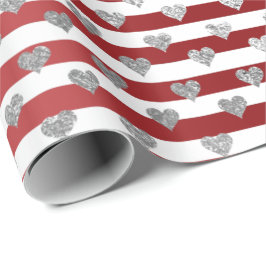 Heart Silver Grått Metallic Rand Linjer Red White Presentpapper