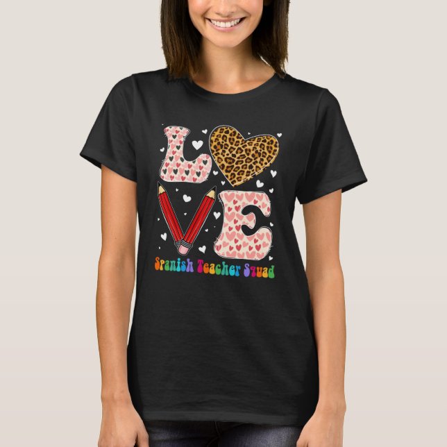 Heart Spanish Teacher Squad Leopard Plaid Red Vale T Shirt (Framsida)