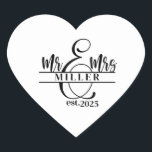 Heart Sticker Hjärtformat Klistermärke<br><div class="desc">This heart shape sticker is shown with a custom name Mr. & Mrs. print,  personalize and change the name and year to yours with this template.</div>