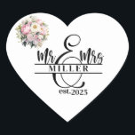 Heart Sticker Hjärtformat Klistermärke<br><div class="desc">This heart shape sticker is shown with a custom name Mr. & Mrs. print,  personalize and change the name and year to yours with this template.</div>