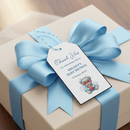 Heart Teddy Bear Blue Baby Shower Thank You Presentetikett
