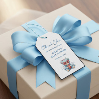 Heart Teddy Bear Blue Baby Shower Thank You Presentetikett