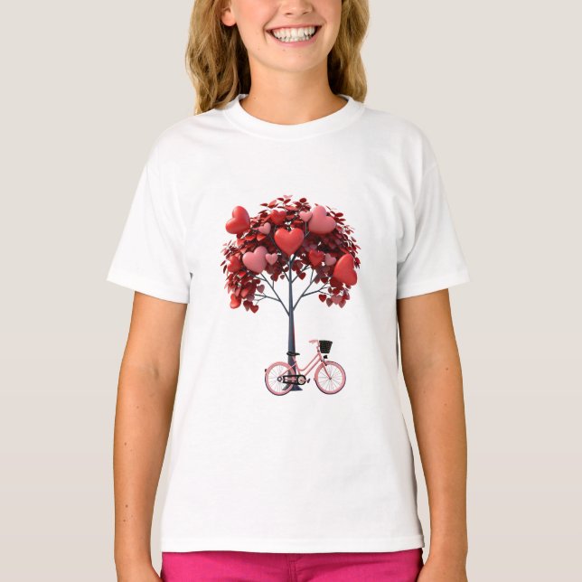 Heart Tree Bicycle Romantic Valentine Girls' Basic T Shirt (Framsida)
