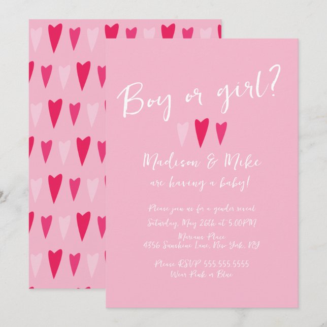 Heart Valentines day Gender Reveal Rosa Red Inbjudningar (Fram/baksida)