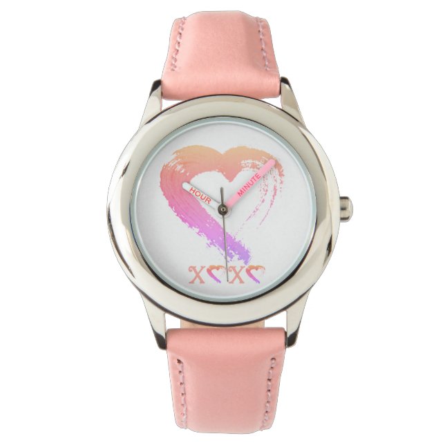Heart Watch Barn Stainless Steel Rosa Leather Armbandsur (Framsida)