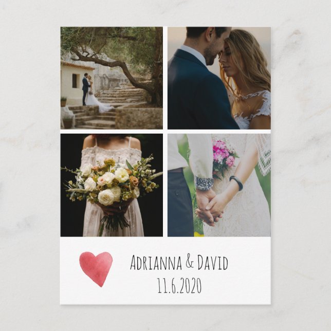 Heart Watercolor Bröllop Tack Photo Collage Vykort (Framsida)