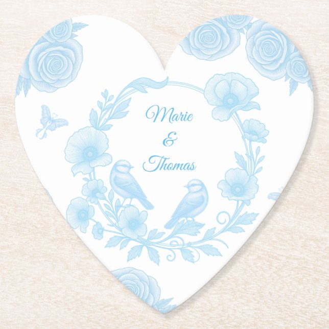Heart Wedding 💙 Personalized Names Floral Underlägg Papper (Framsida)