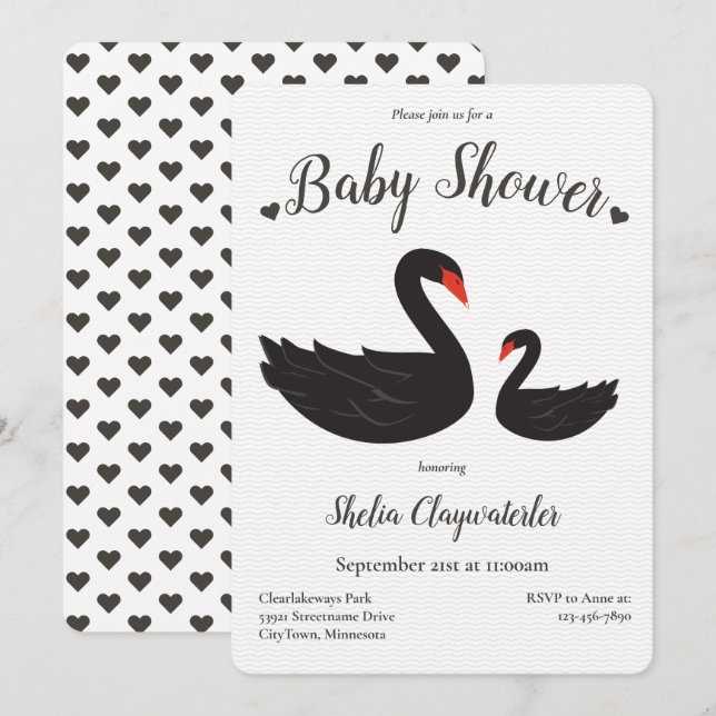 Heart White Black Svan Bird Animal Baby Shower Inbjudningar (Fram/baksida)