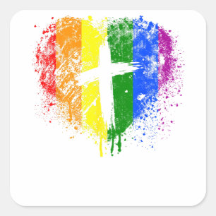 Heart with cross, Gay Pride, Christian religious Fyrkantigt Klistermärke