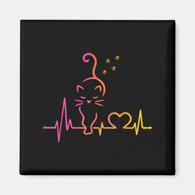 Heartbeat Cat Lover Animal Silhouette Cute Cat  Magnet (Framsidan)