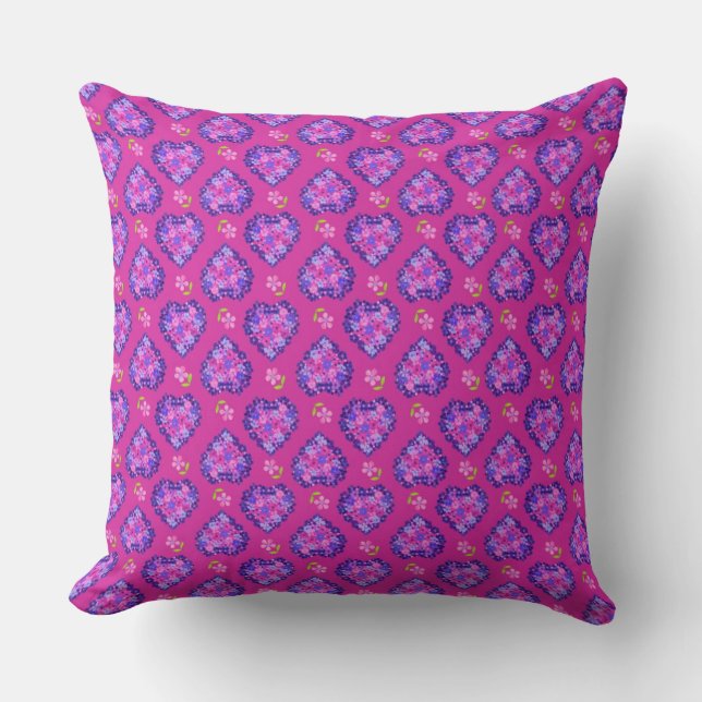 Hearter och blommor i chicens Magenta Pillow eller Kudde (Framsida)