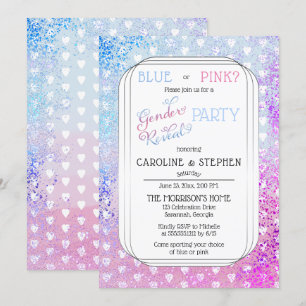 Hearter och Konfetti Rosa Blue Gender Reveal Party Inbjudningar