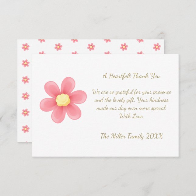 Heartfelt Thank You Card with Pink Daisy  Tack Kort (Fram/baksida)