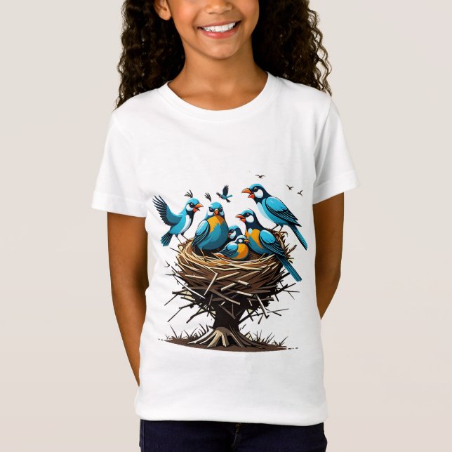 Heartfilt Bird Family i Nest T Shirt (Framsida)