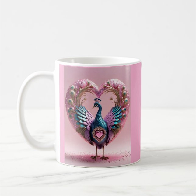 "Heartfilt Elegance: Rosa Peacock Mugg" Kaffemugg (Vänster)
