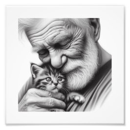 Heartfilt Moments Old Man och Kitten Close Art Fototryck